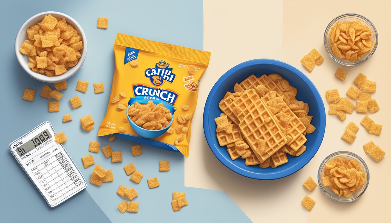 A bowl of Cap'n Crunch and a bowl of Waffle Crisp sit side by side on a table, surrounded by nutritional labels and a measuring scale