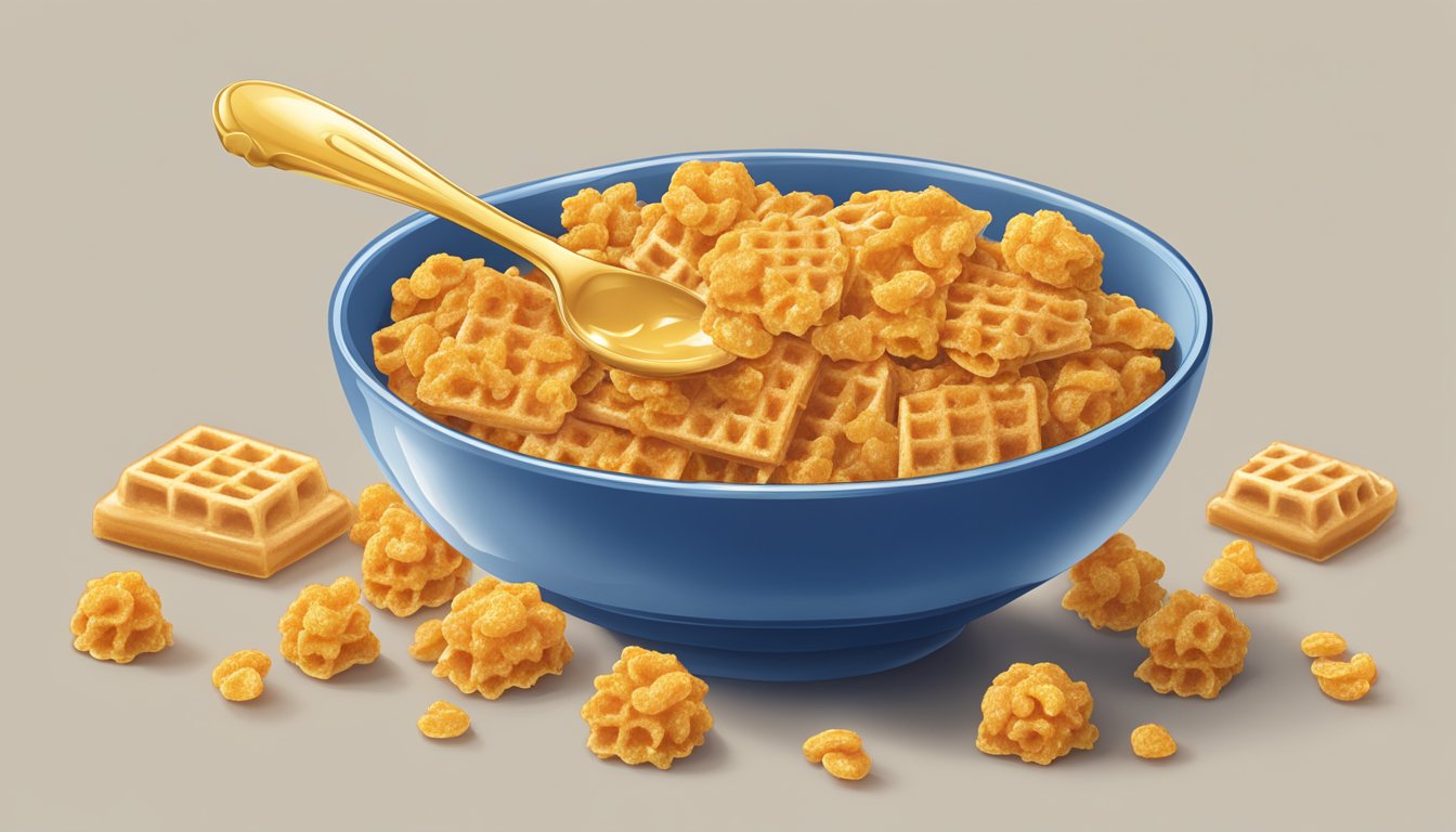 A bowl of Cap'n Crunch and Waffle Crisp cereal next to each other, with a spoon resting on the side