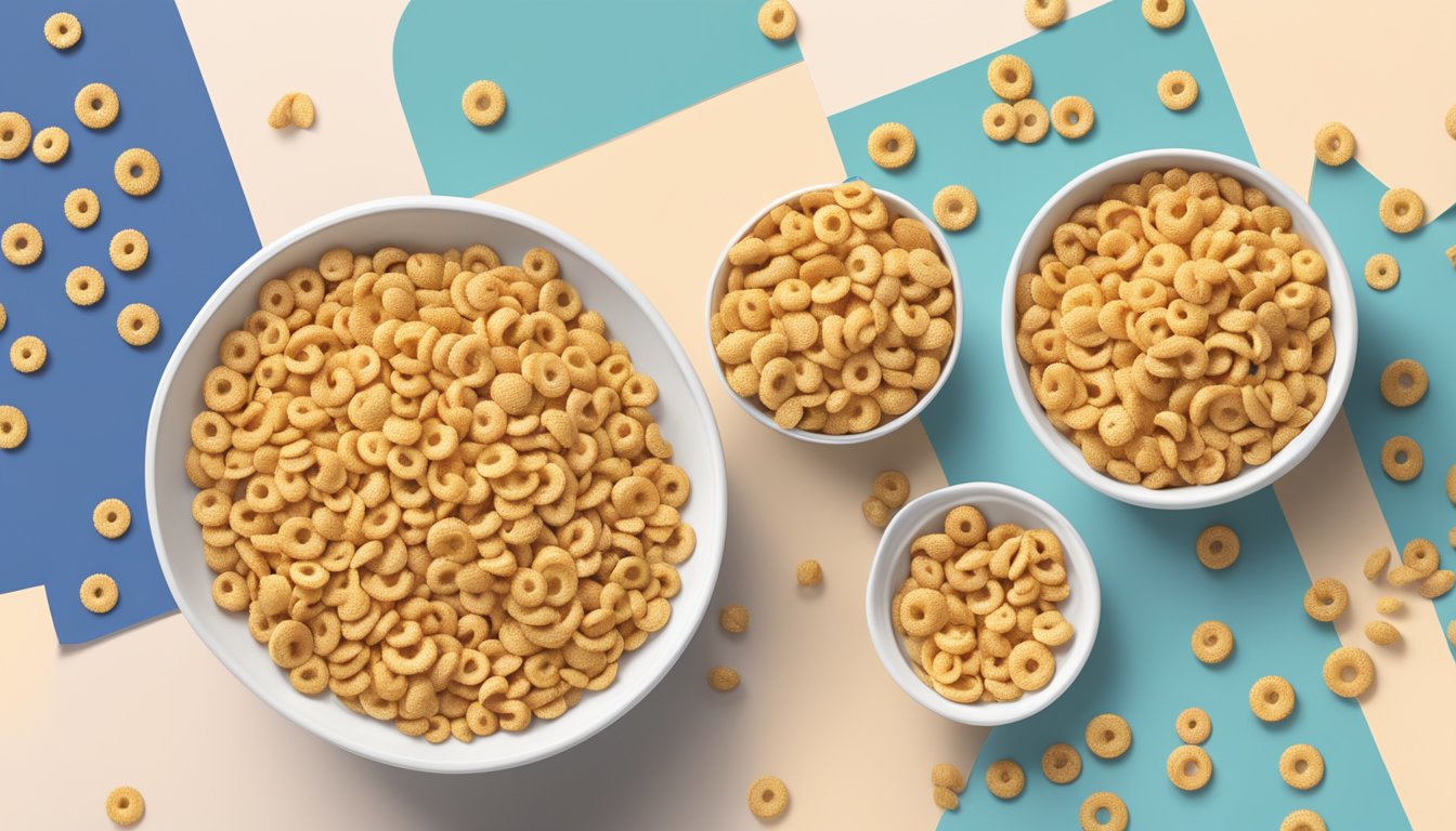 A bowl of Cheerios and a bowl of Crispix side by side, surrounded by scattered grains and a measuring tape