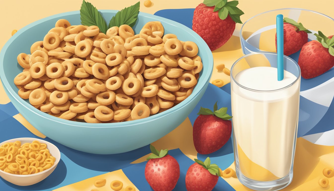 A bowl of Cheerios and a bowl of Crispix sit side by side, surrounded by fresh fruit and a glass of milk