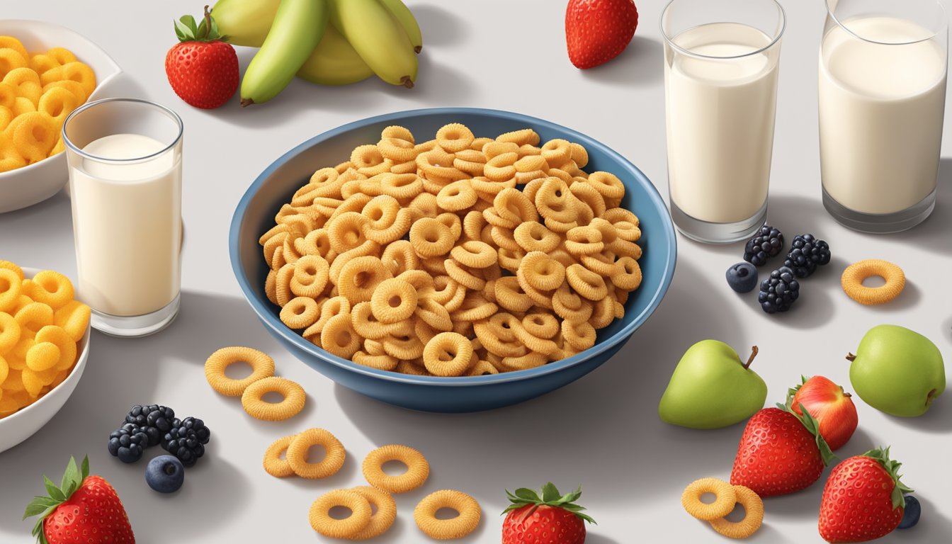 A bowl of Cheerios and a bowl of Crispix sit side by side, surrounded by fresh fruit and a glass of milk