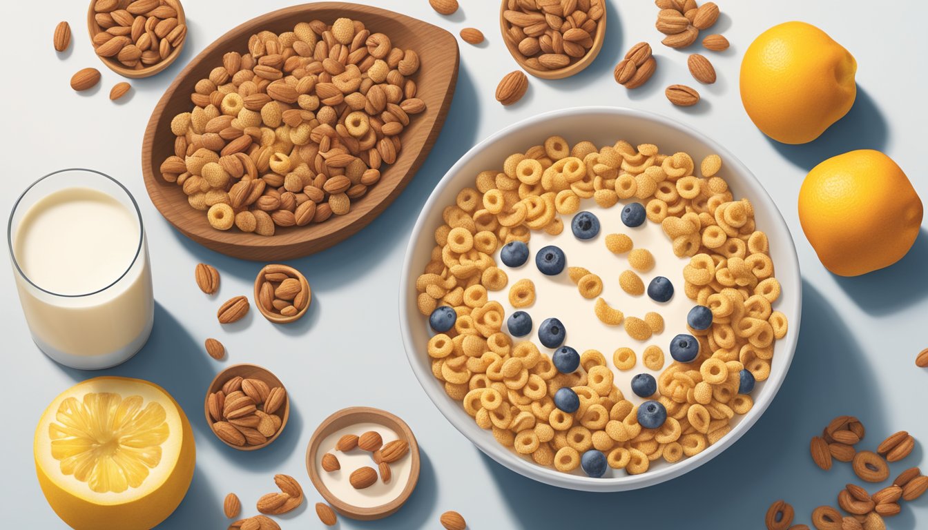 A bowl of Cheerios and Crispix surrounded by fresh fruits, nuts, and milk. Nutritional labels and a measuring tape nearby