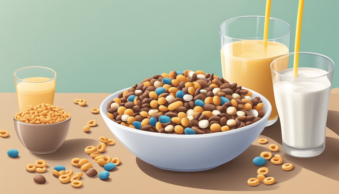 A bowl of Cheerios and a bowl of Cocoa Pebbles side by side, surrounded by various fruits and a glass of milk