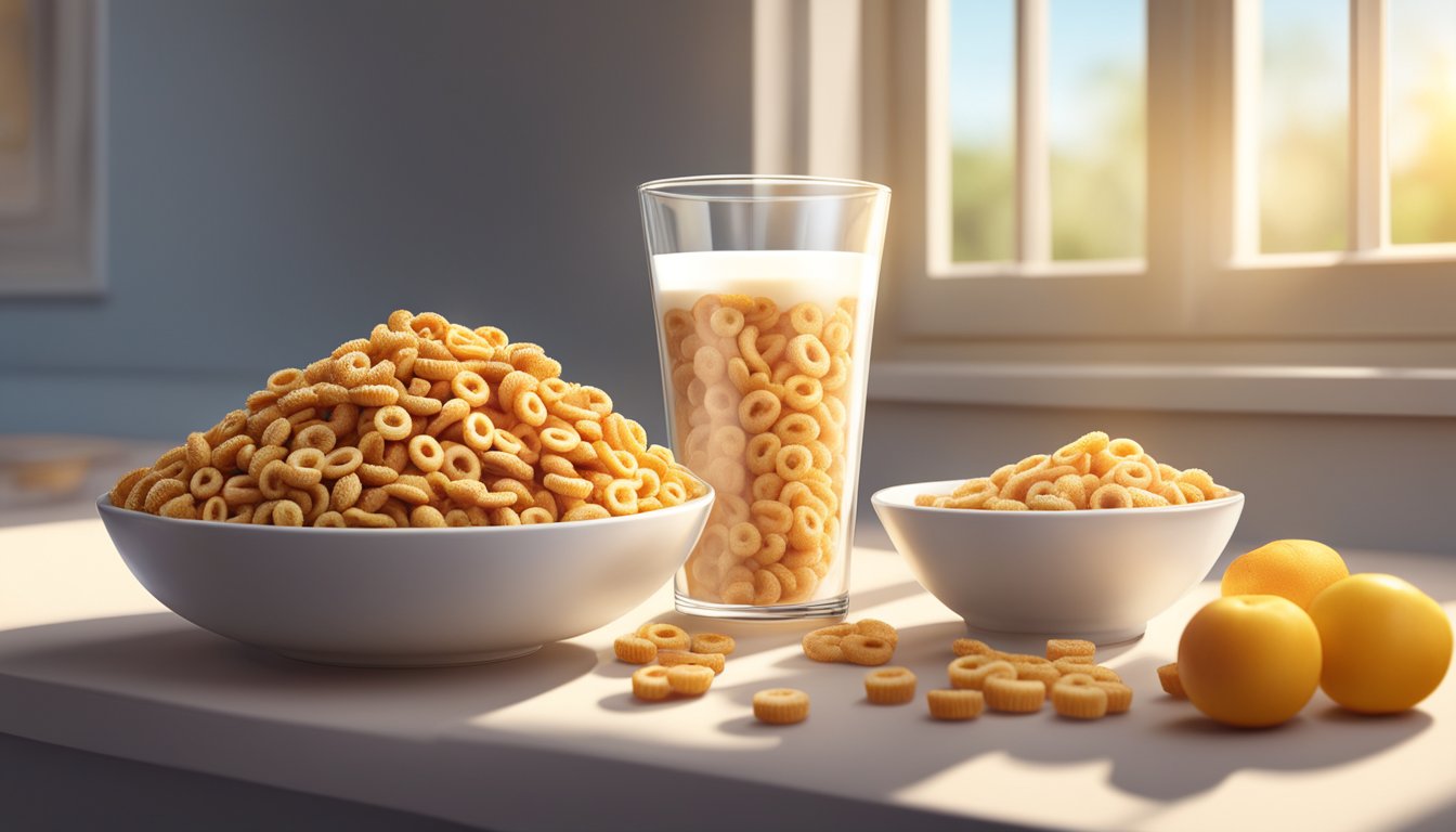 A bowl of Cheerios and a bowl of Crispix sit side by side, surrounded by fresh fruit and a glass of milk. The sun streams in through a window, casting a warm glow over the scene