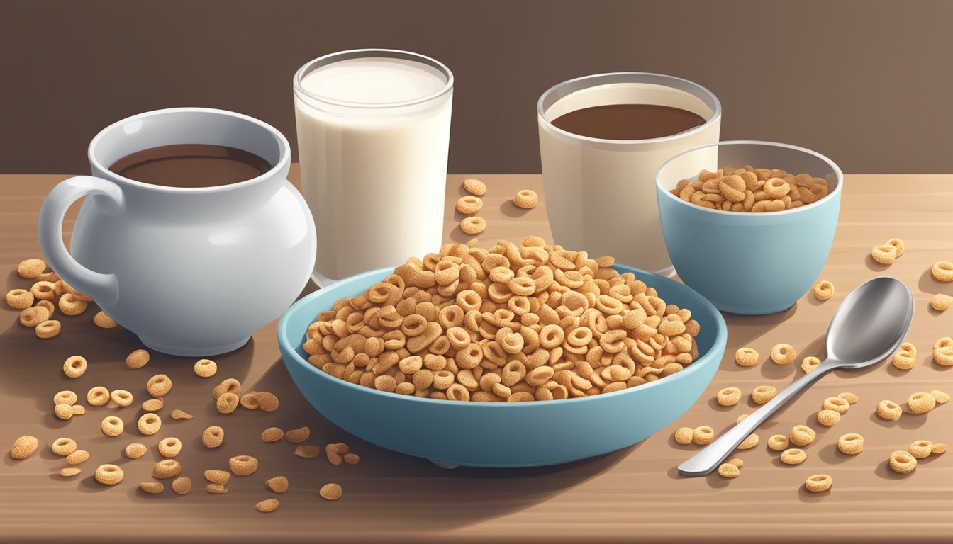 A bowl of Cheerios and a bowl of Cocoa Pebbles on a table, surrounded by measuring cups of milk and a nutrition label