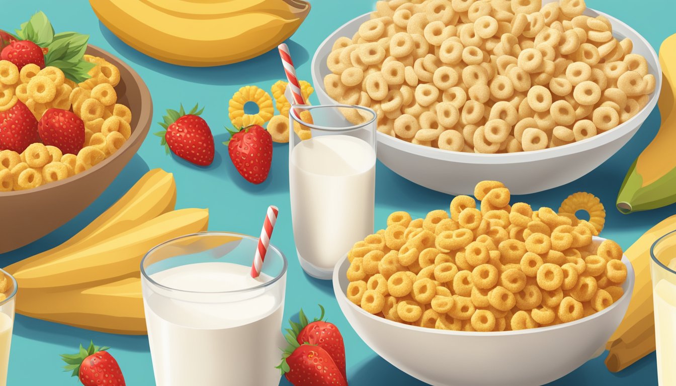 A bowl of Cheerios and a bowl of Corn Pops side by side, surrounded by fresh fruits and a glass of milk