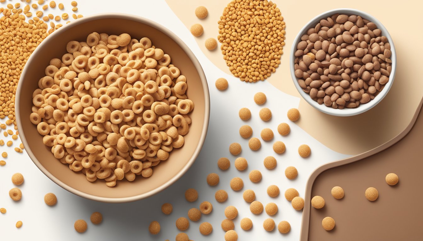 A bowl of Cheerios and a bowl of Cocoa Pebbles side by side, surrounded by scattered grains and milk splashes