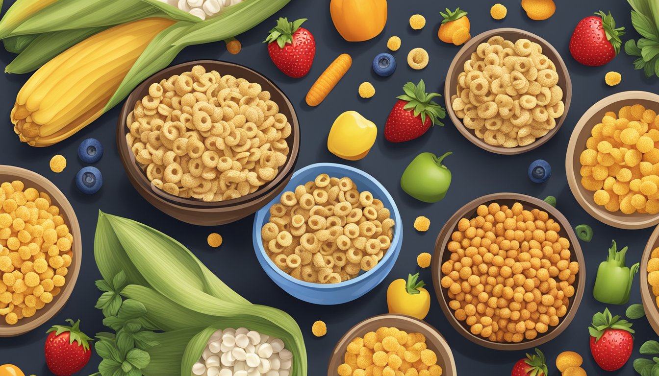 A bowl of cheerios and a bowl of corn pops surrounded by various fruits and vegetables