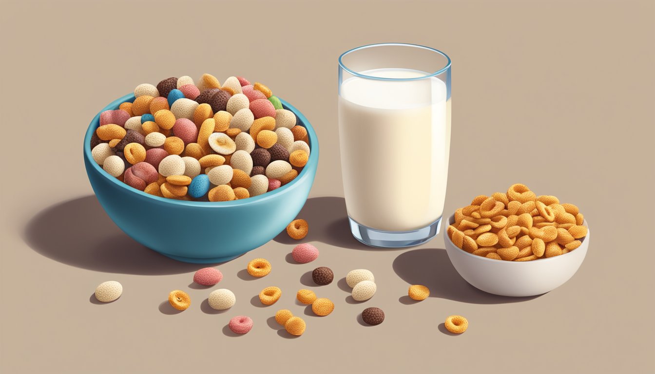 A bowl of Cheerios and a bowl of Cocoa Pebbles sit side by side, surrounded by a variety of fruits and a glass of milk