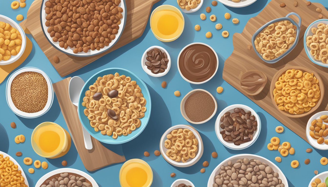 A breakfast table with two bowls of cereal, one with Cheerios and the other with Cocoa Pebbles, surrounded by a variety of alternative cereal options