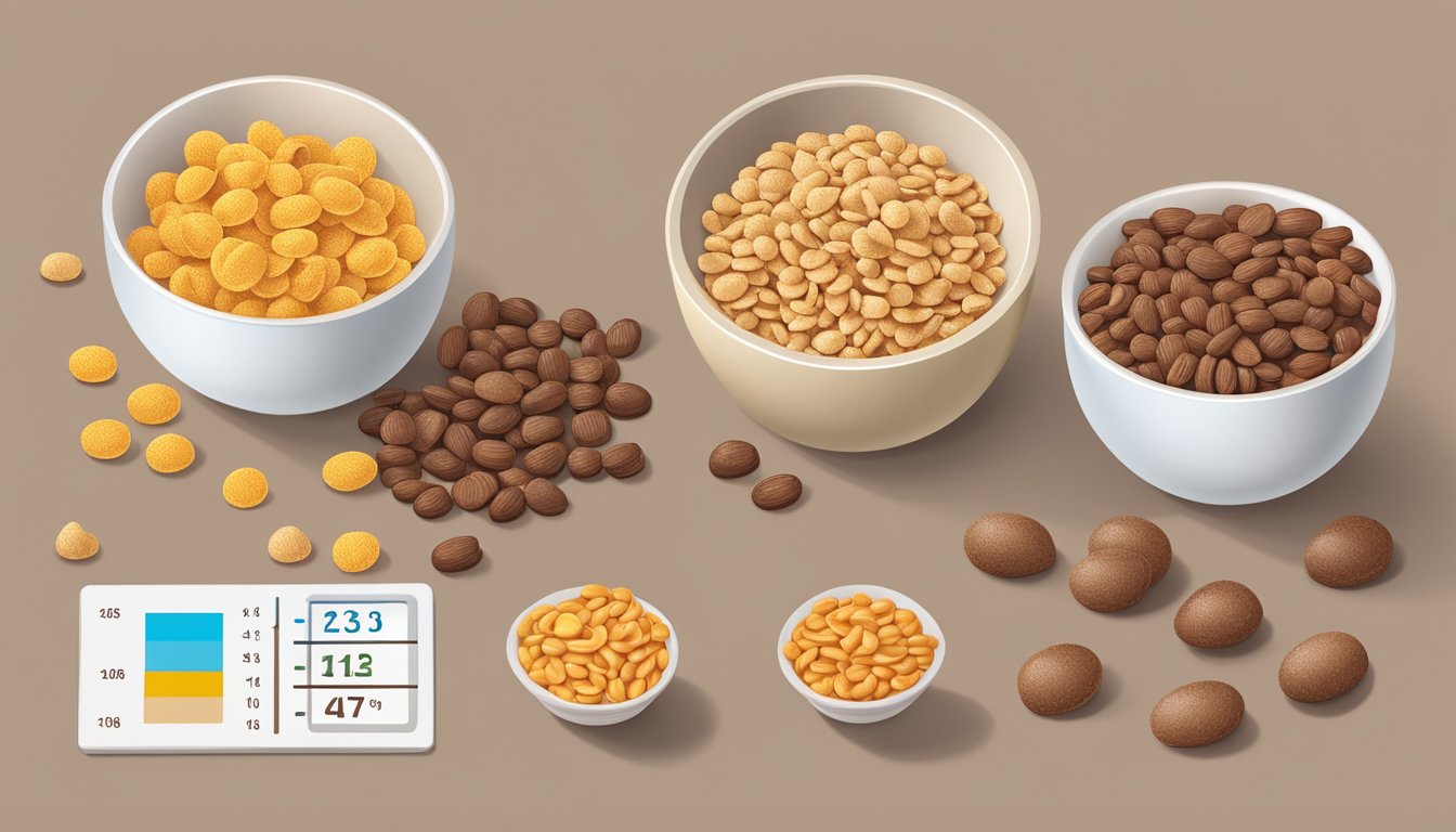 A bowl of Cheerios and a bowl of Cocoa Pebbles sit side by side on a table, surrounded by measuring cups and nutritional labels