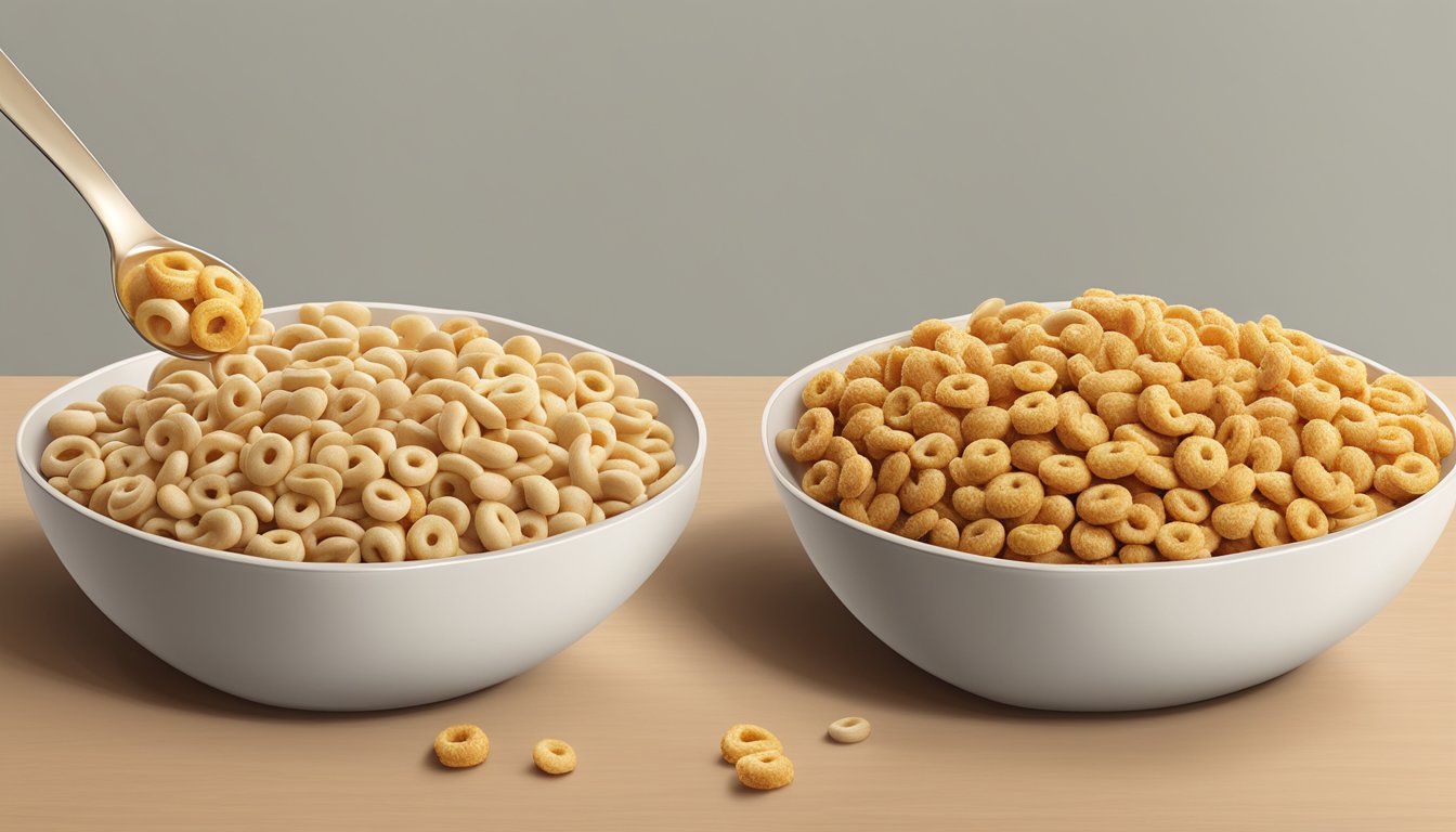 A bowl of regular Cheerios and a bowl of Honey Nut Cheerios side by side, with a spoon resting on the edge of each bowl