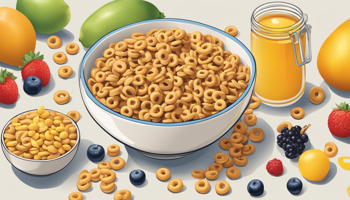 A bowl of cheerios and honey nut cheerios side by side, surrounded by various fruits and a measuring tape