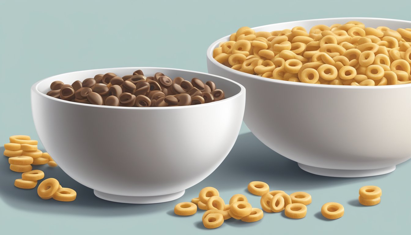 A bowl of Cheerios and a bowl of Count Chocula side by side, with a measuring tape and a nutrition label next to each