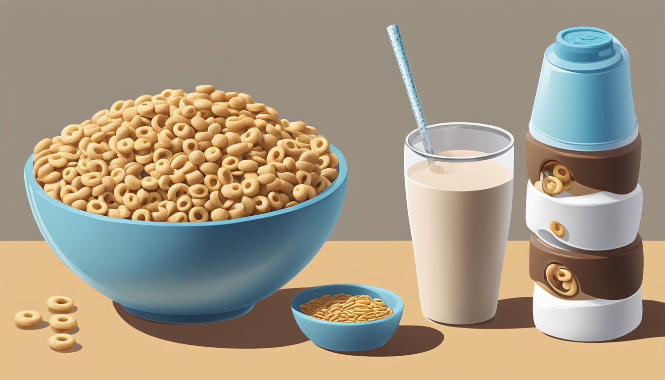 A bowl of Cheerios and a bowl of Count Chocula sit side by side, surrounded by measuring cups of protein, carbs, and fat