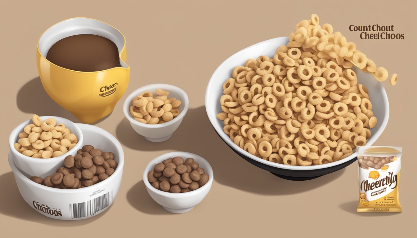 A bowl of Cheerios and a bowl of Count Chocula side by side, with a nutrition label next to each