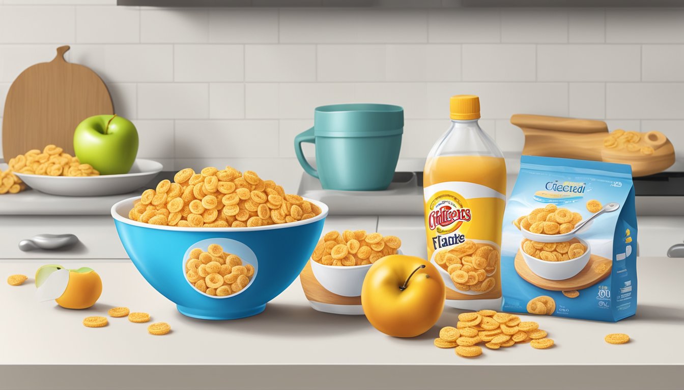 A bowl of cheerios and frosted flakes with a measuring tape and an apple on a kitchen counter