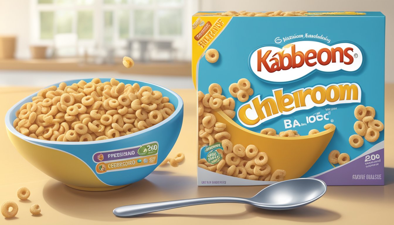 A bowl of Cheerios and Kaboom cereal next to each other, with a nutritional label and spoon