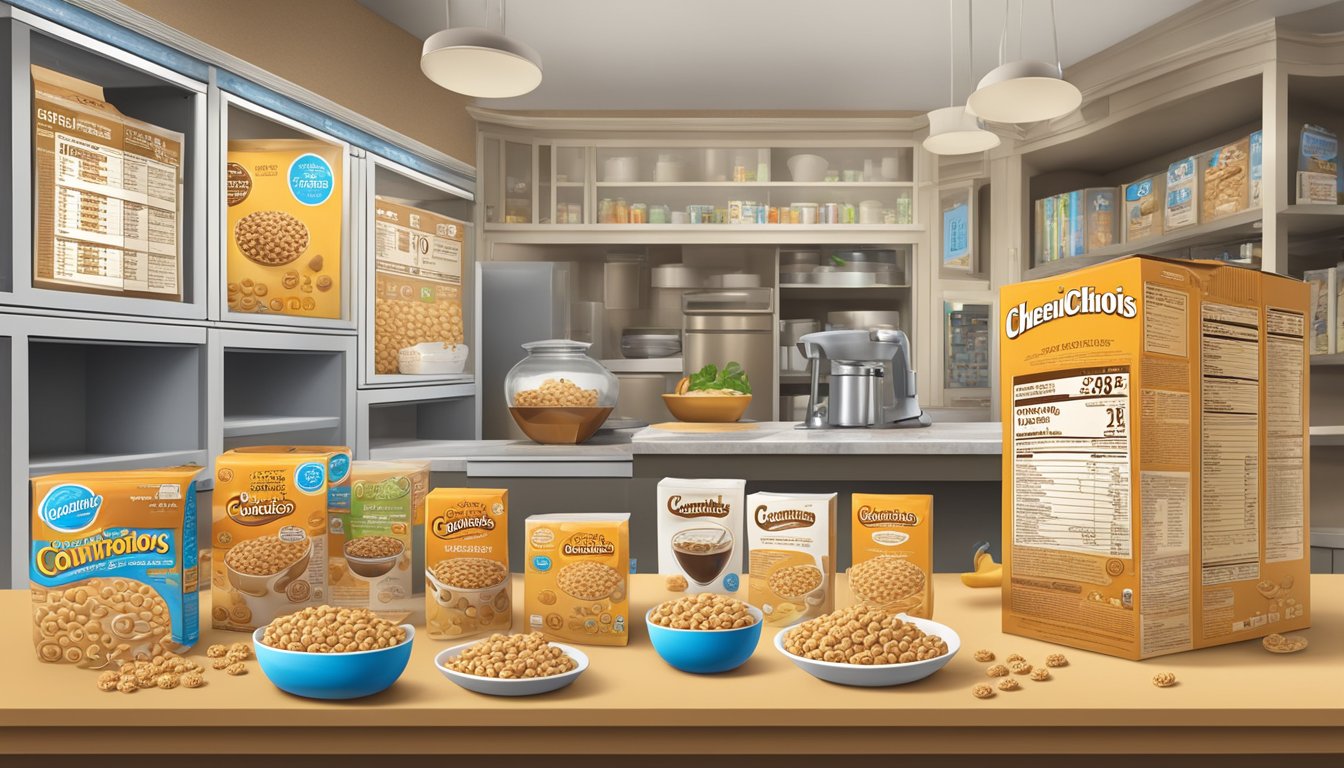 A comparison of Cheerios and Count Chocula cereal boxes surrounded by nutritional information and food science equipment