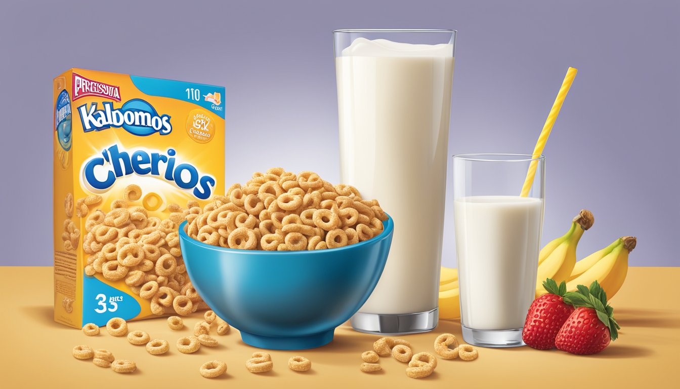 A bowl of Cheerios and Kaboom cereal side by side, surrounded by fresh fruit and a glass of milk