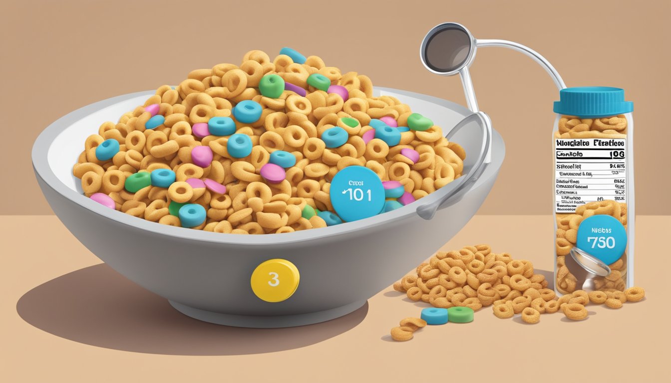 A bowl of Cheerios and a bowl of Count Chocula sit side by side, surrounded by nutritional labels and a magnifying glass