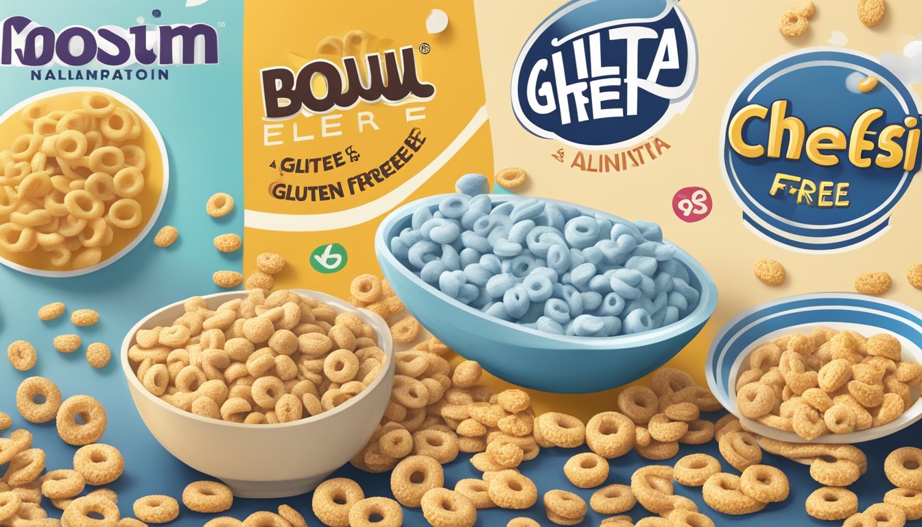 A bowl of Cheerios and Kaboom cereal side by side, surrounded by icons indicating gluten-free, nut-free, and other allergen information