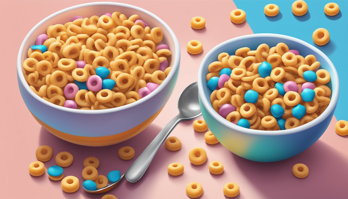 A bowl of Cheerios and Kaboom cereal side by side, with a spoon and milk. The Cheerios are plain and round, while the Kaboom has colorful, sugary shapes