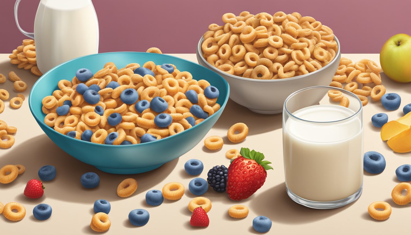 A bowl of Cheerios and a bowl of Kaboom cereal side by side, surrounded by fresh fruits and a glass of milk