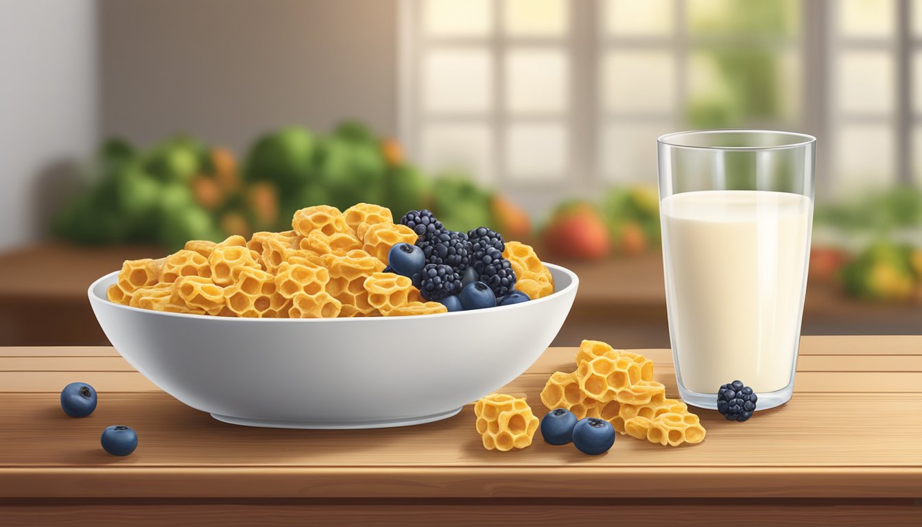 A bowl of Cheerios and a bowl of Honeycomb sit side by side on a wooden table, surrounded by fresh fruit and a glass of milk