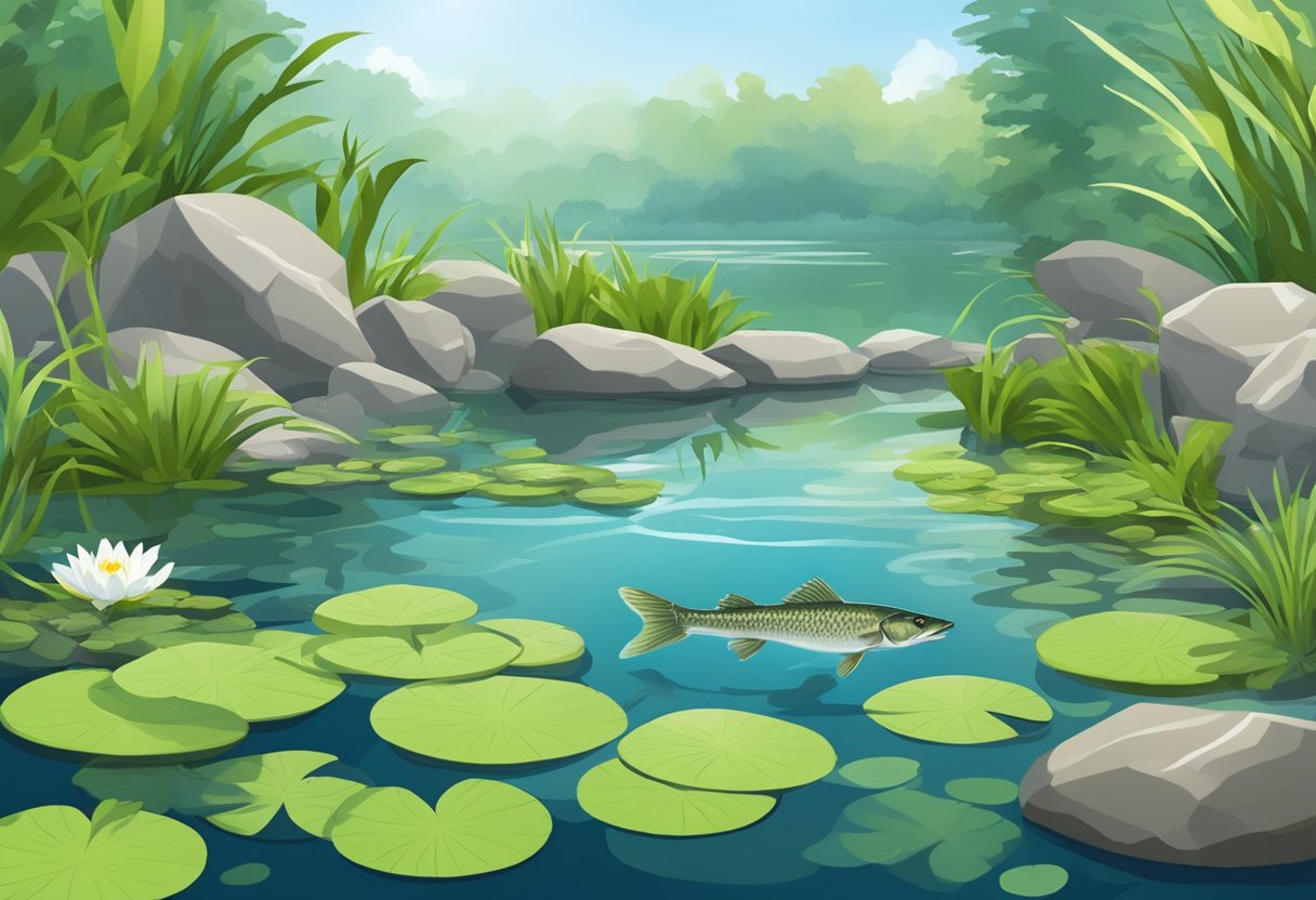 A garden pond with clear water, aquatic plants, and a large grass carp swimming gracefully among the rocks and lily pads