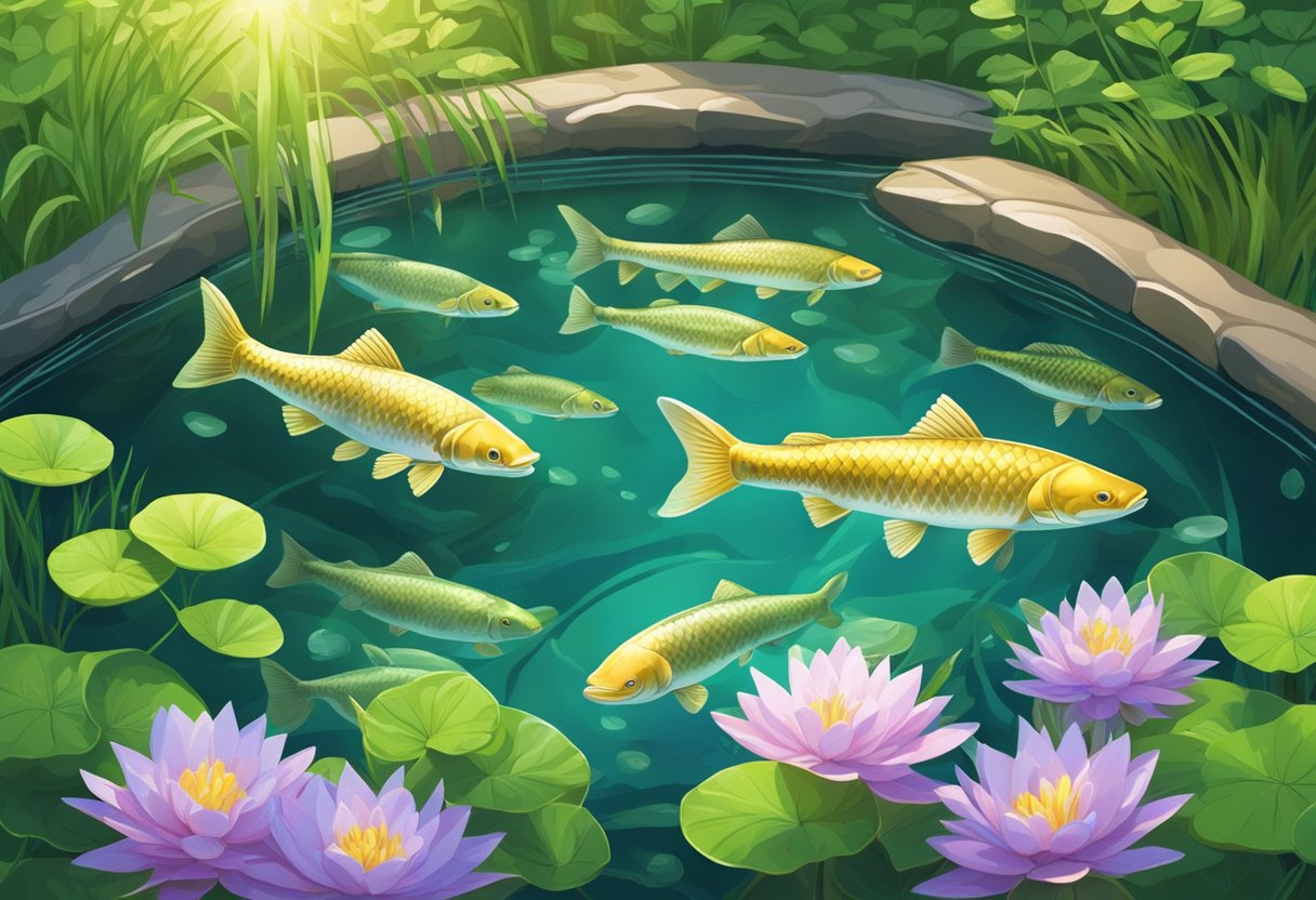 A garden pond with clear water, surrounded by lush green plants. A group of grass carp swimming gracefully, their sleek bodies glinting in the sunlight