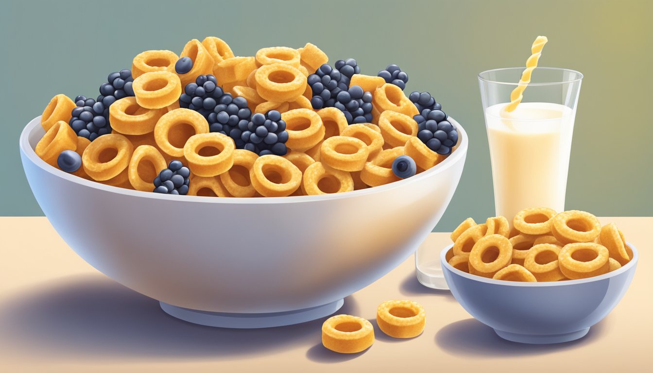 A bowl of Cheerios and a bowl of Honeycomb sit side by side, surrounded by fresh fruit and a glass of milk