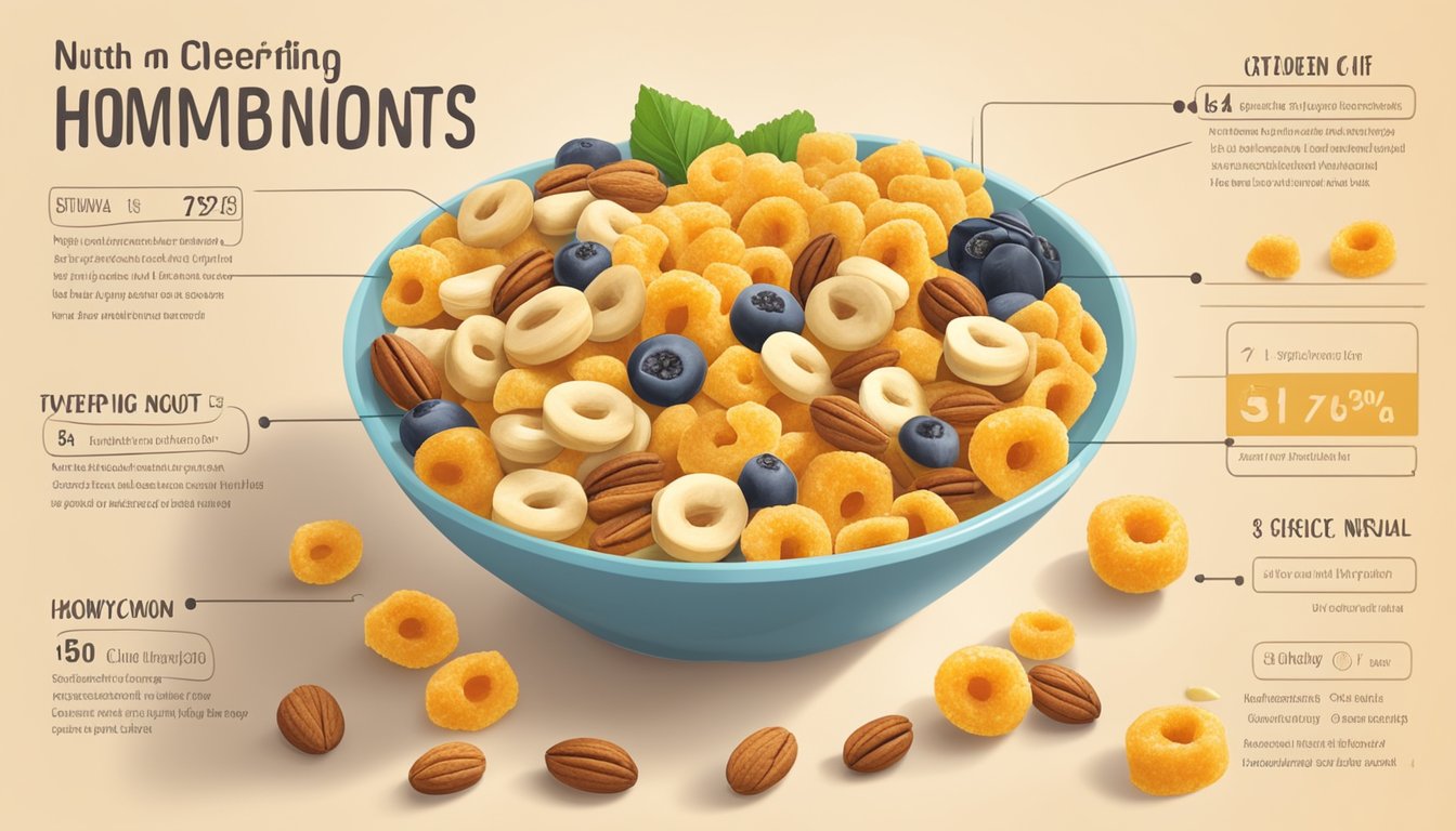 A bowl of Cheerios and Honeycomb surrounded by various fruits and nuts, with a measuring tape and nutritional information chart nearby