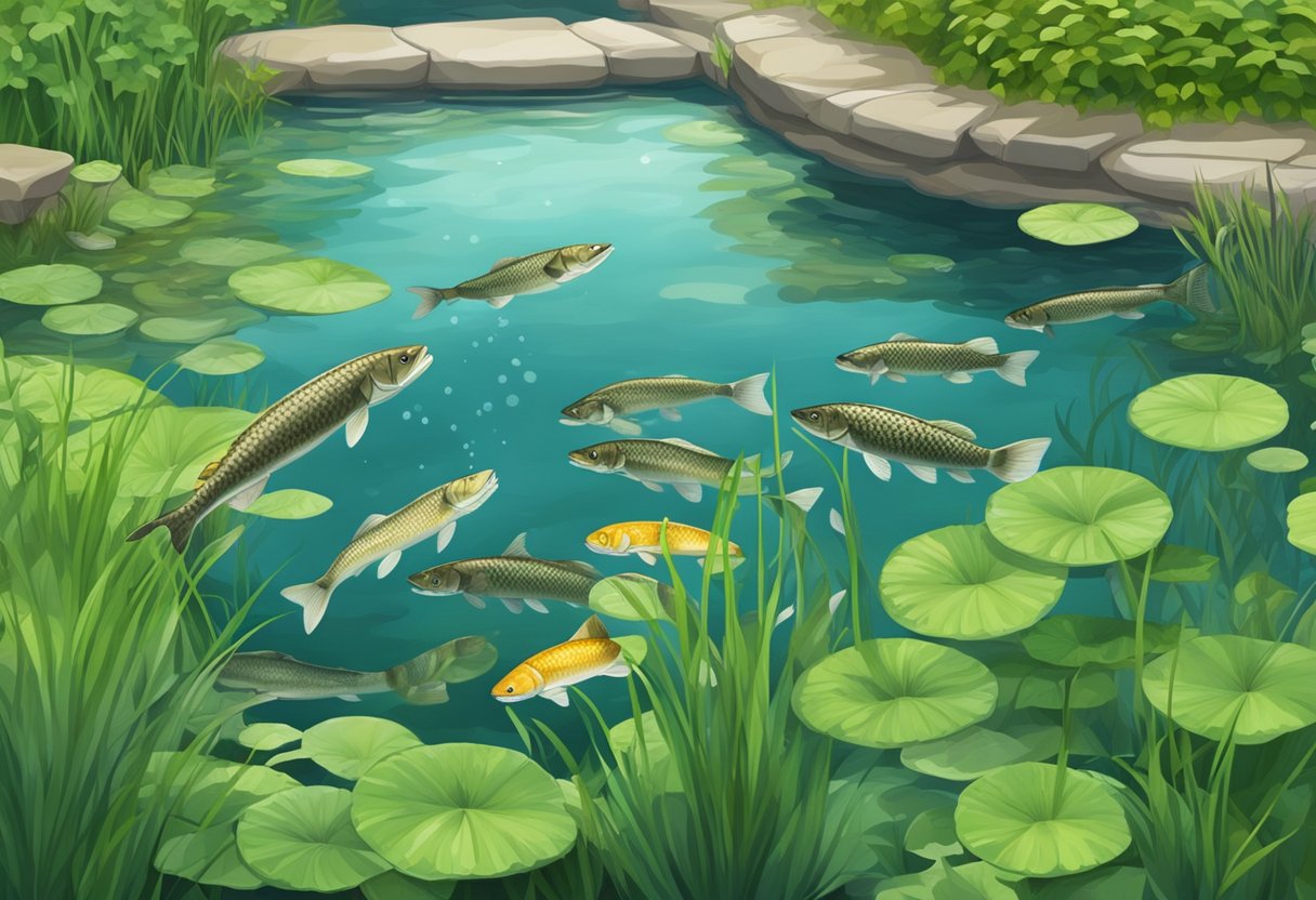 A garden pond with lush green vegetation and a school of grass carp swimming and feeding on aquatic plants