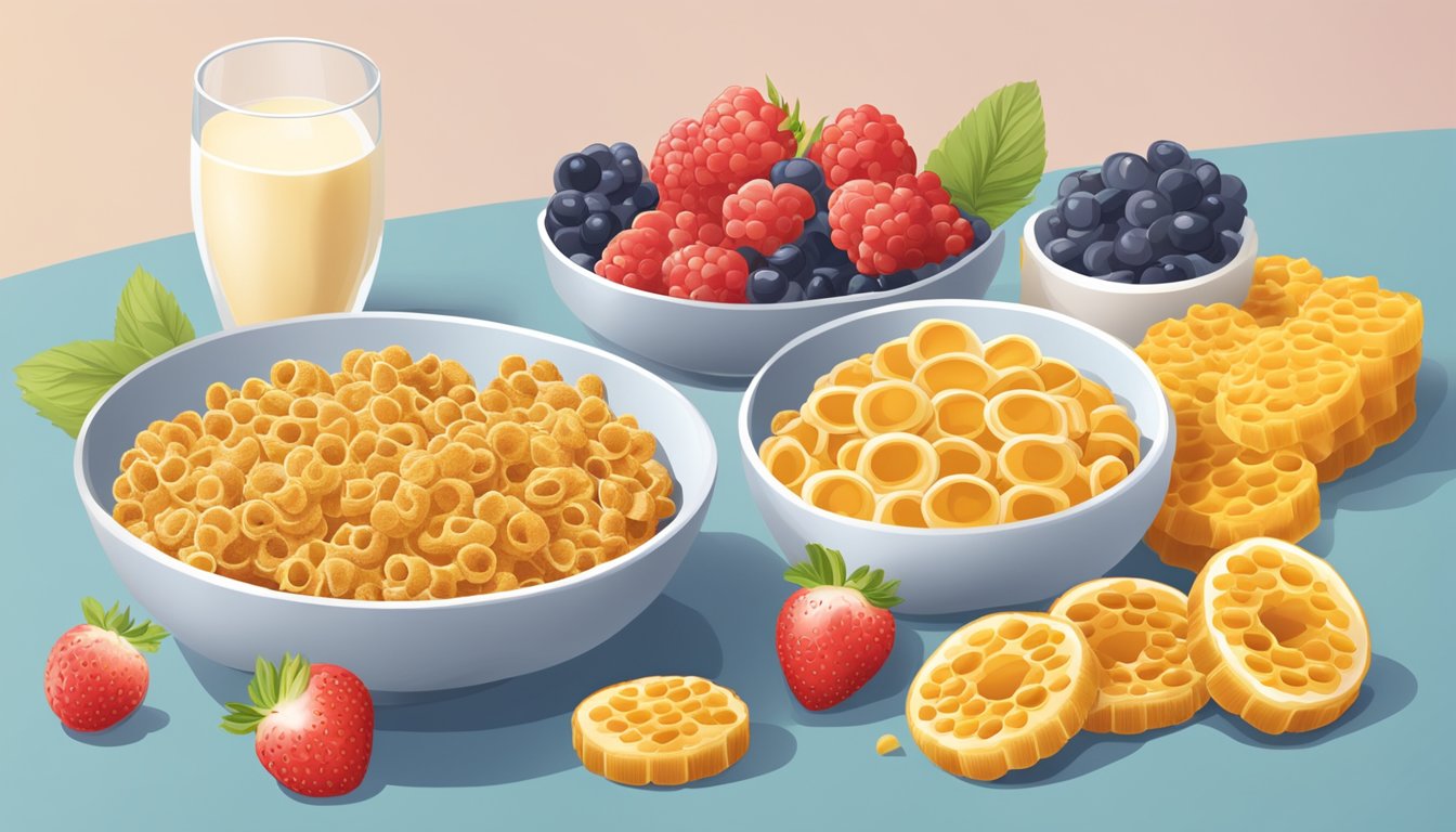 A bowl of Cheerios and a bowl of Honeycomb sit side by side, surrounded by fresh fruit and a glass of milk