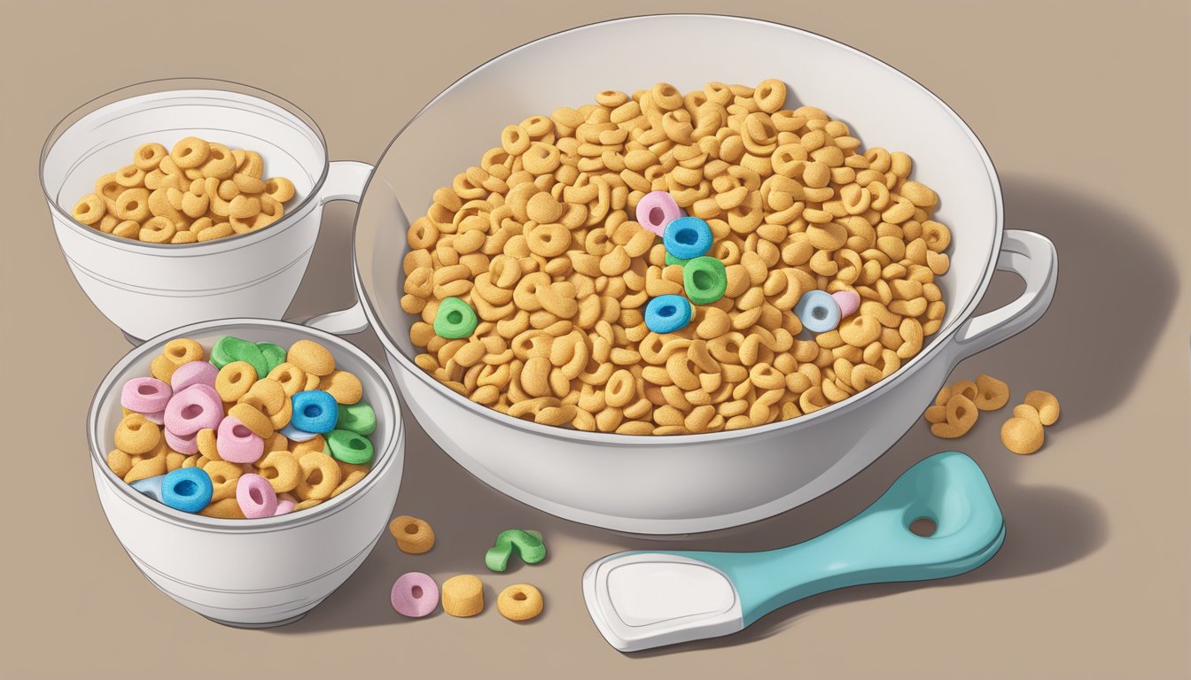 A bowl of Cheerios and a bowl of Lucky Charms sit side by side, surrounded by measuring cups and nutritional information labels