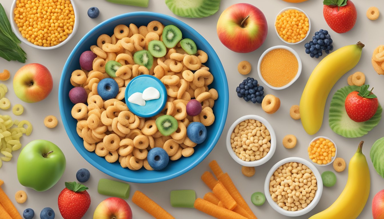 A bowl of Cheerios and a bowl of Apple Jacks sit side by side, surrounded by colorful fruits and vegetables. A nutrition label is visible next to each bowl, displaying their respective mineral and vitamin content