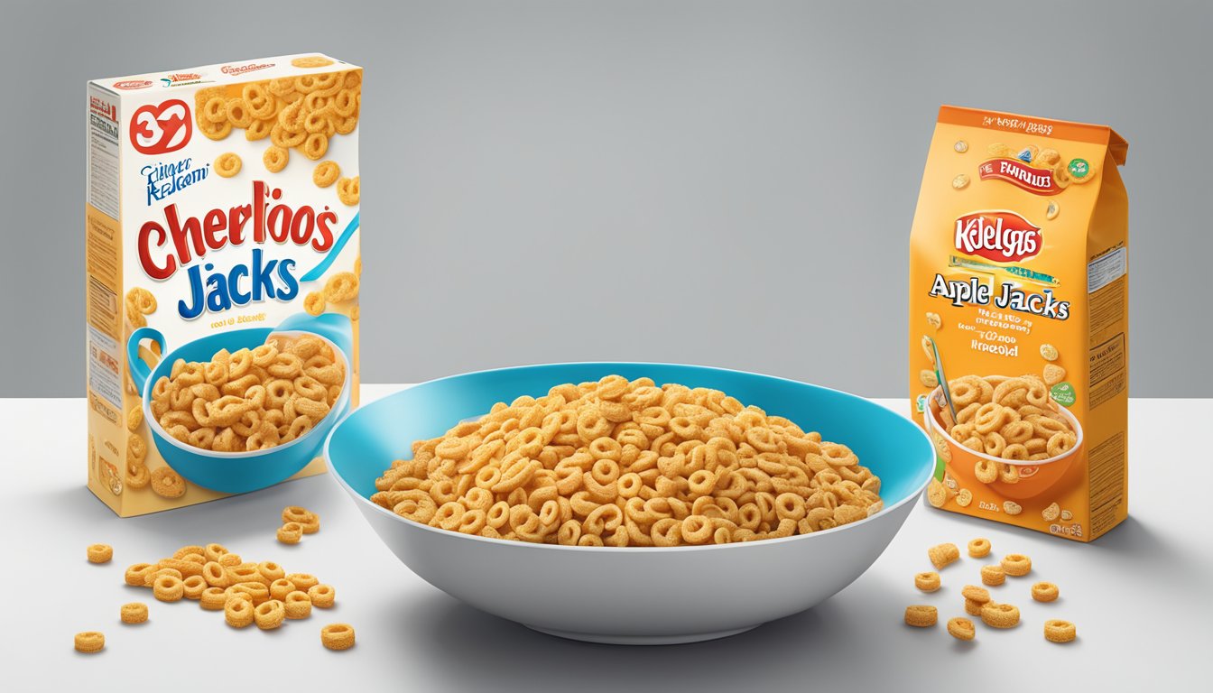 A bowl of Cheerios and a bowl of Kellogg's Apple Jacks side by side, with a measuring tape showing the fiber and protein content of each cereal