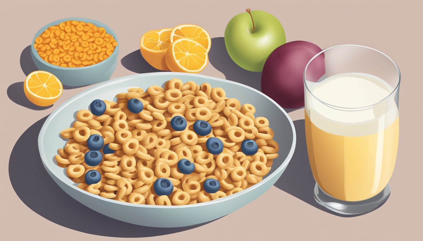 A bowl of Cheerios and a bowl of Honey Smacks side by side, surrounded by various fruits and a glass of milk