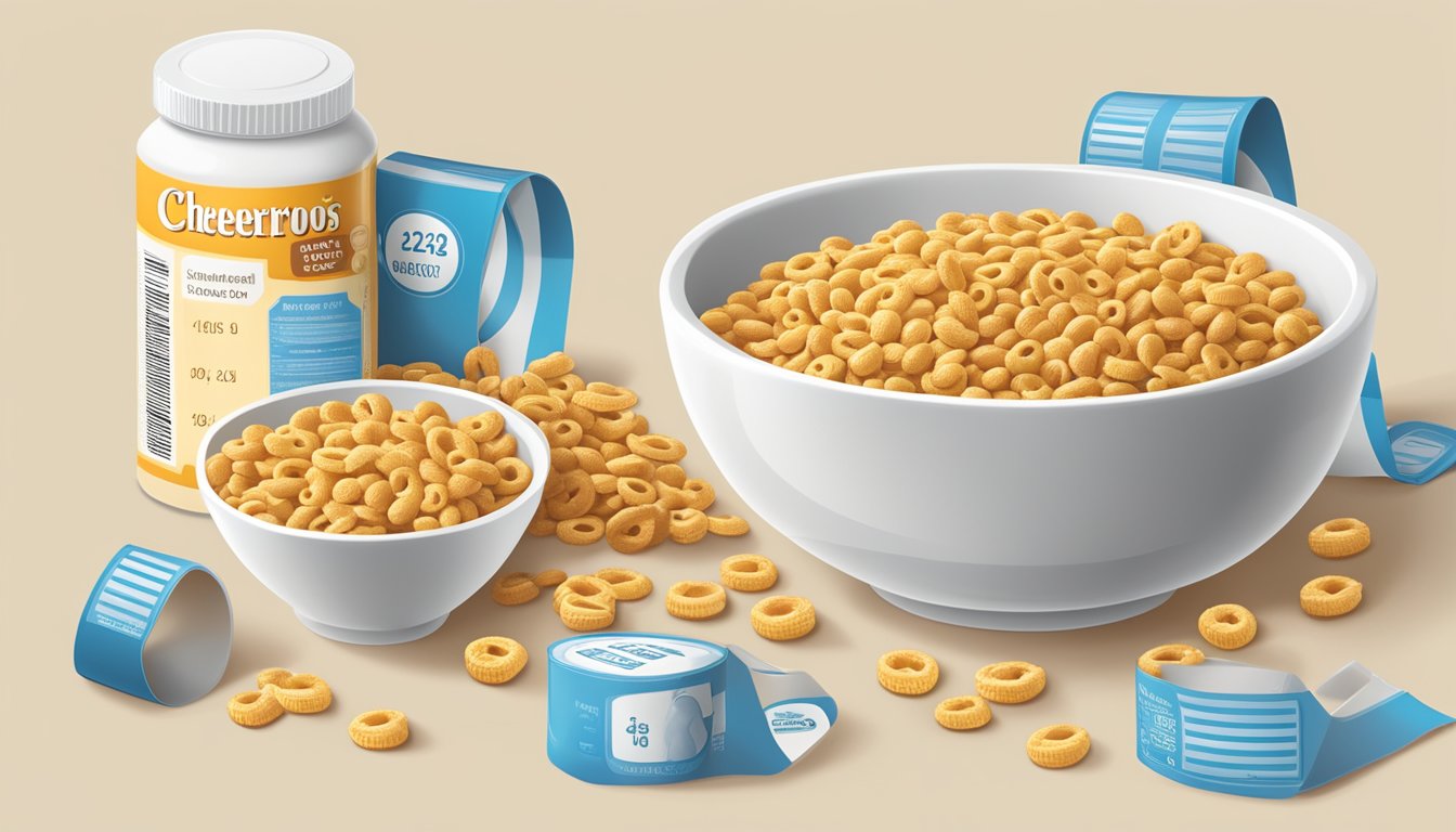 A bowl of Cheerios and a bowl of Honey Smacks side by side, surrounded by nutritional labels and a measuring tape