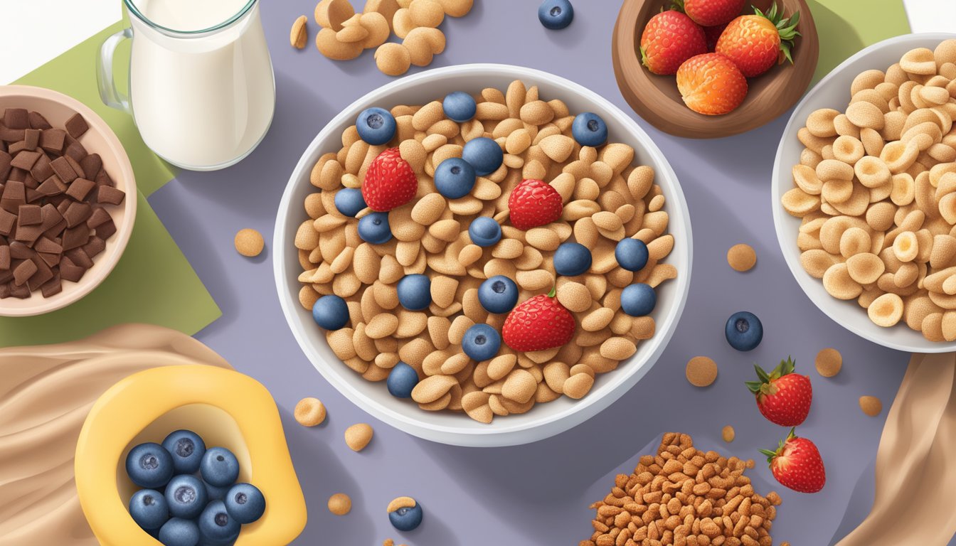 A bowl of Chex and Cocoa Pebbles side by side, surrounded by a variety of fresh fruits and a glass of milk