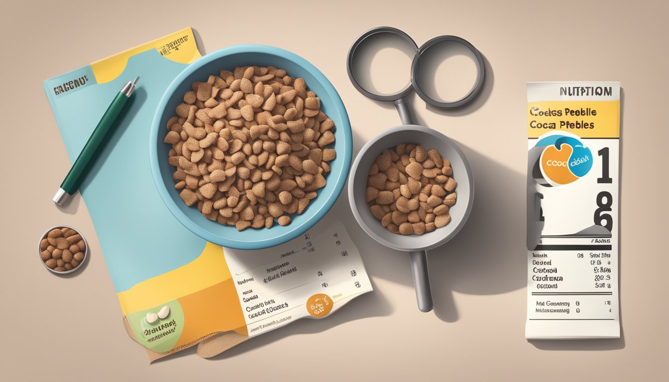 A bowl of Chex and a bowl of Cocoa Pebbles side by side with nutrition labels and a magnifying glass for comparison