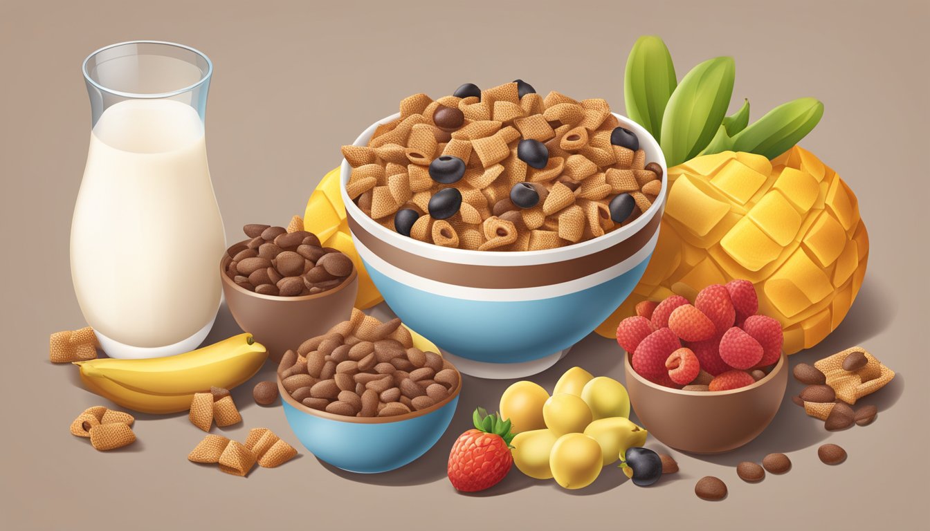 A bowl of Chex cereal and a bowl of Cocoa Pebbles, surrounded by a variety of fruits and a glass of milk