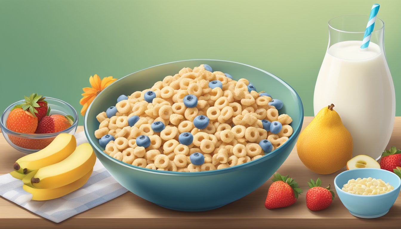 A bowl of Cheerios and a bowl of Rice Krispies surrounded by various fruits and a glass of milk, with nutritional information displayed nearby