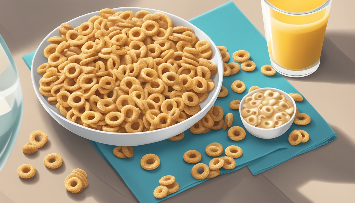 A bowl of Cheerios and a bowl of Krave cereal sit side by side on a breakfast table, surrounded by a variety of fresh fruits and a glass of milk