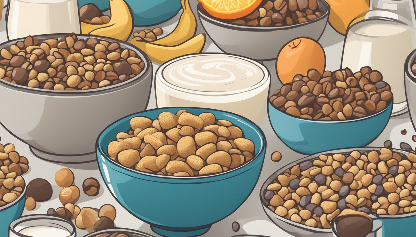 A bowl of chex and a bowl of cocoa pebbles sit side by side, surrounded by a variety of fruits and milk. A question mark hovers above them, symbolizing the uncertainty of which cereal is healthier