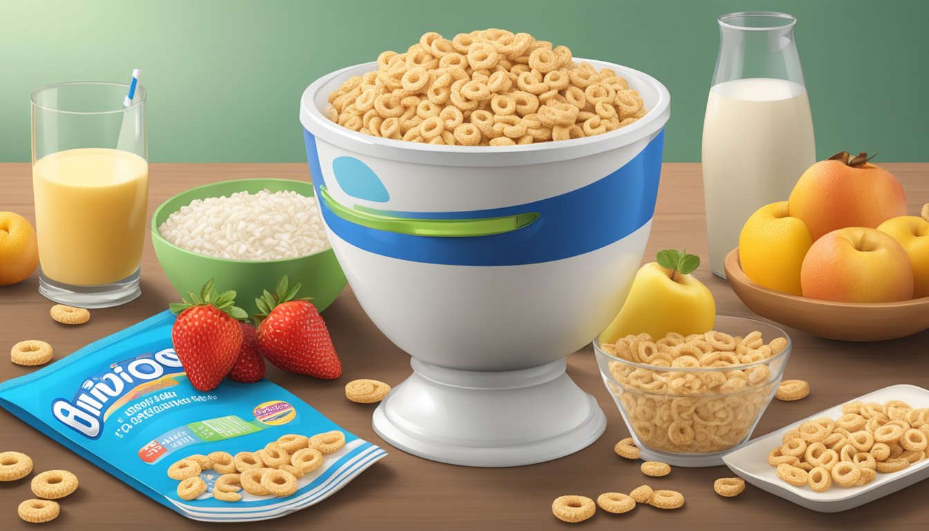 A bowl of Cheerios and a bowl of Rice Krispies surrounded by various fruits and a glass of milk, with a measuring tape and a nutrition label in the background