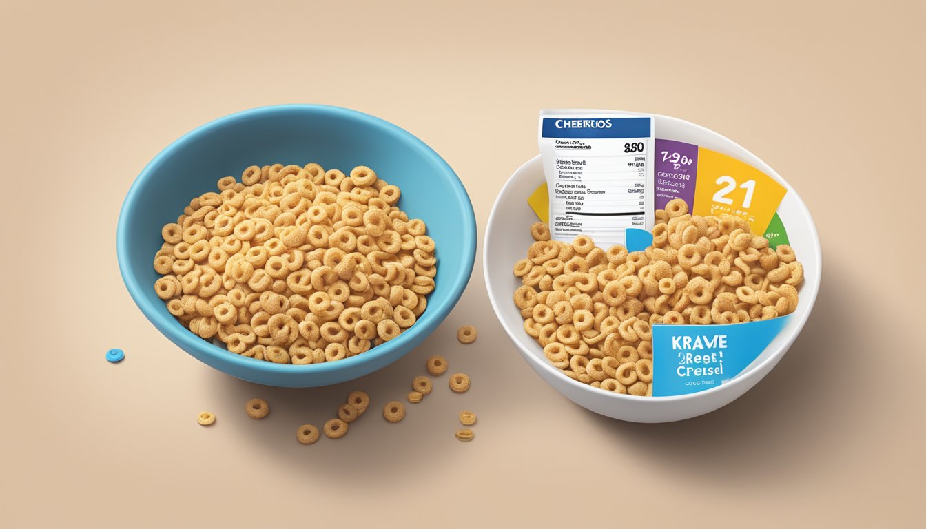 A bowl of Cheerios and a bowl of Krave cereal side by side, with a measuring tape and nutritional labels next to each