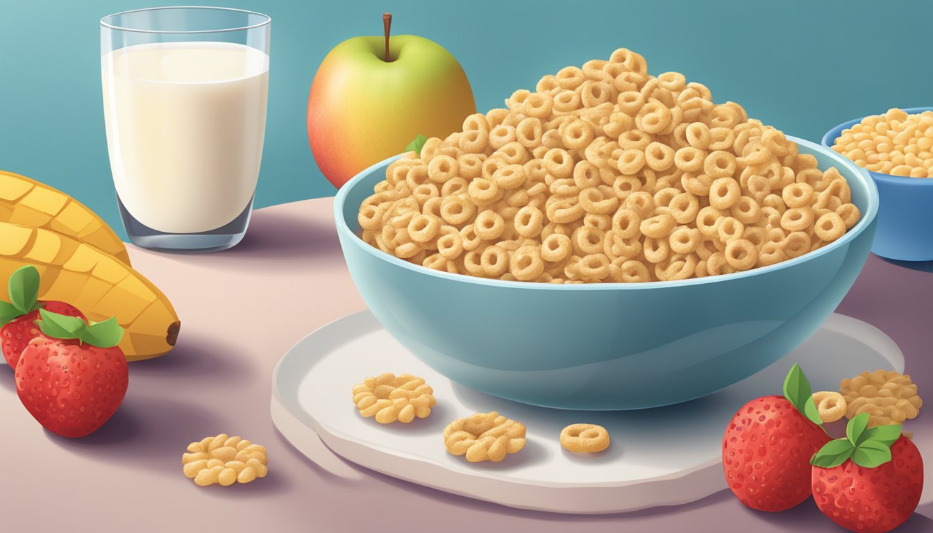 A bowl of Cheerios and a bowl of Rice Krispies surrounded by fresh fruit and a glass of milk on a table