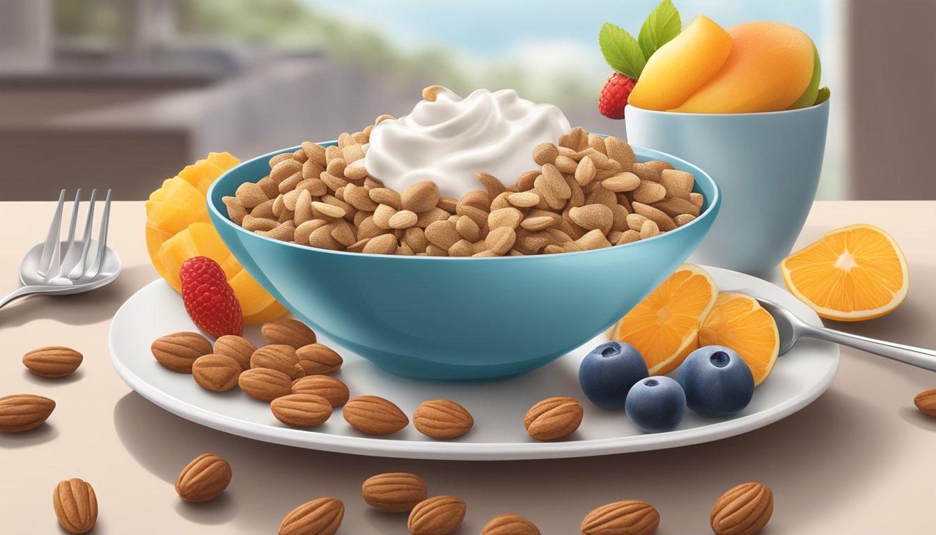 A bowl of Chex and a bowl of Cocoa Pebbles surrounded by fresh fruit, yogurt, and nuts on a breakfast table